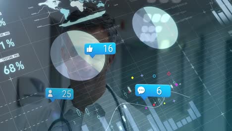animation of social media icons against caucasian male doctor wiriting on clipboard at hospital