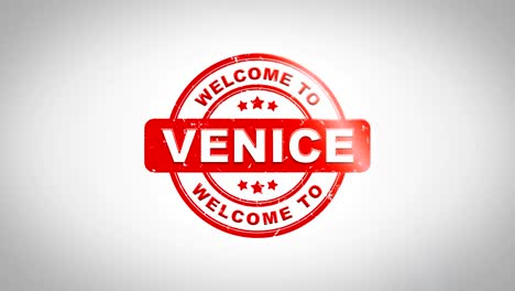 welcome to venice signed stamping text wooden stamp animation. red ink on clean white paper surface background with green matte background included.