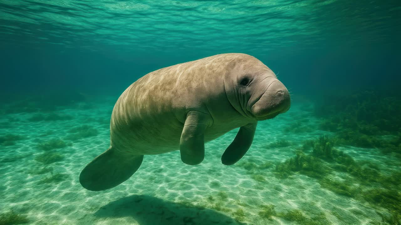 Underwater video still of a manatee swimming gracefully