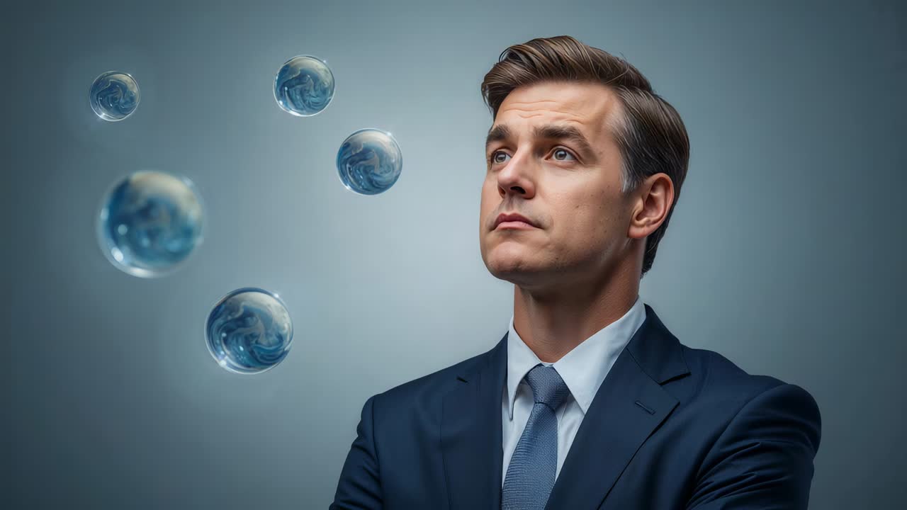 Uomo ben vestito in abito blu scuro che guarda sfere blu fluttuanti in studio, spazio per il testo