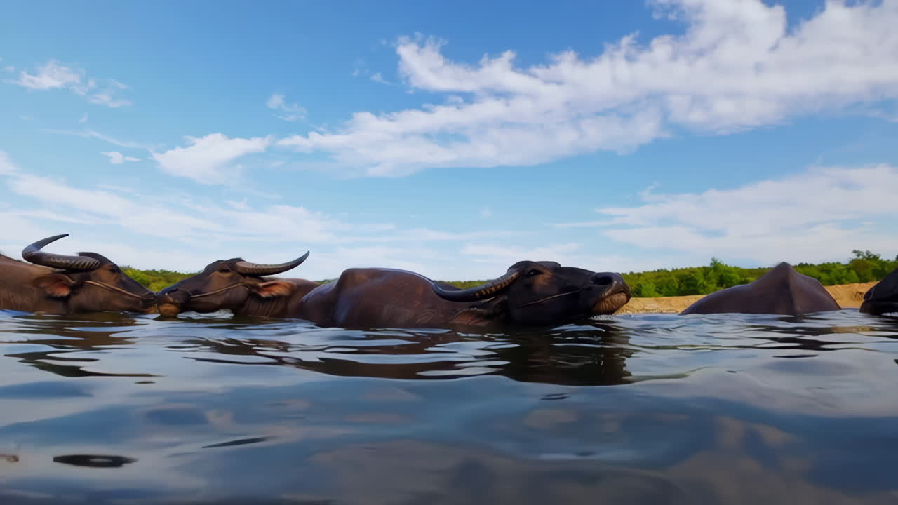 Water Buffaloes Swimming in a River