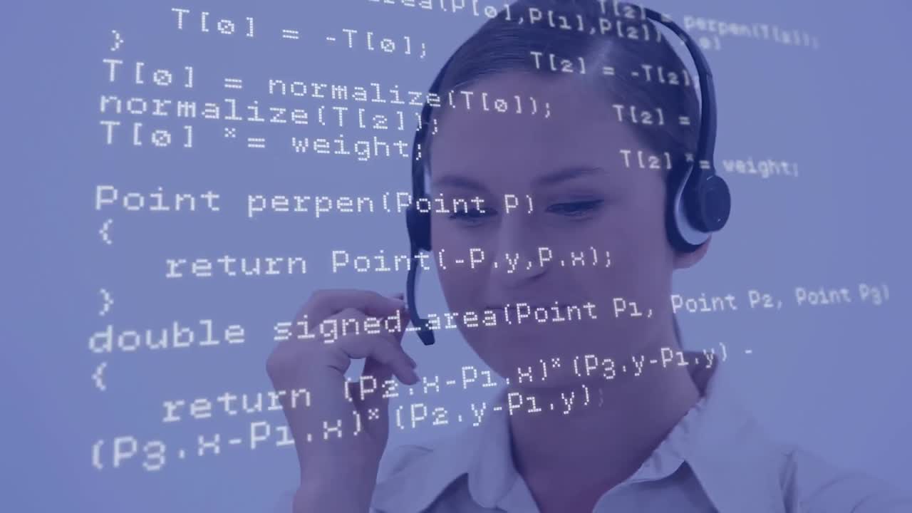 Animation of data processing over businesswoman using phone headset