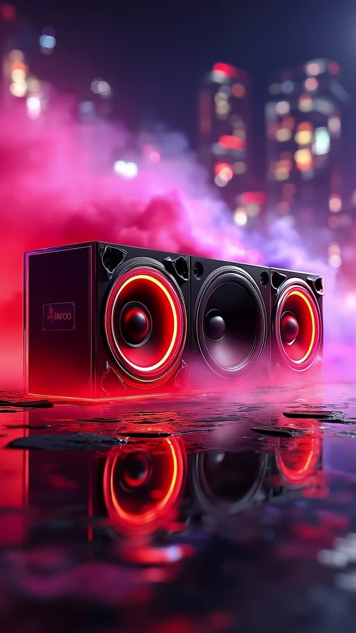 A pair of speakers sitting on top of a table in the middle of a city