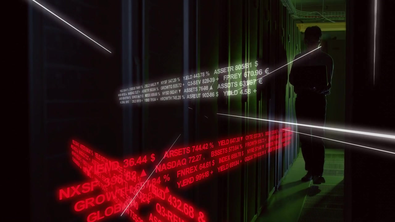 Male tech emerging into server aisle holding tablet monitoring market data while holograms shifting