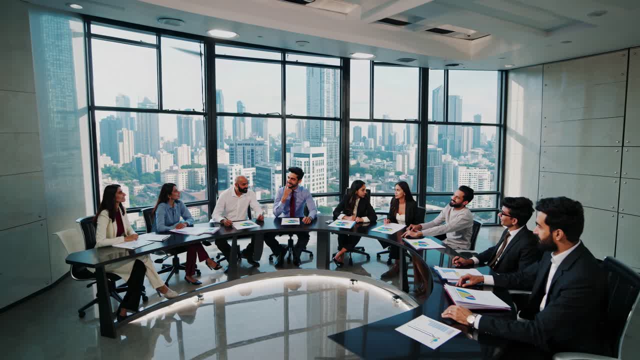 High-angle video of a modern office meeting with diverse professionals around a curved table, large