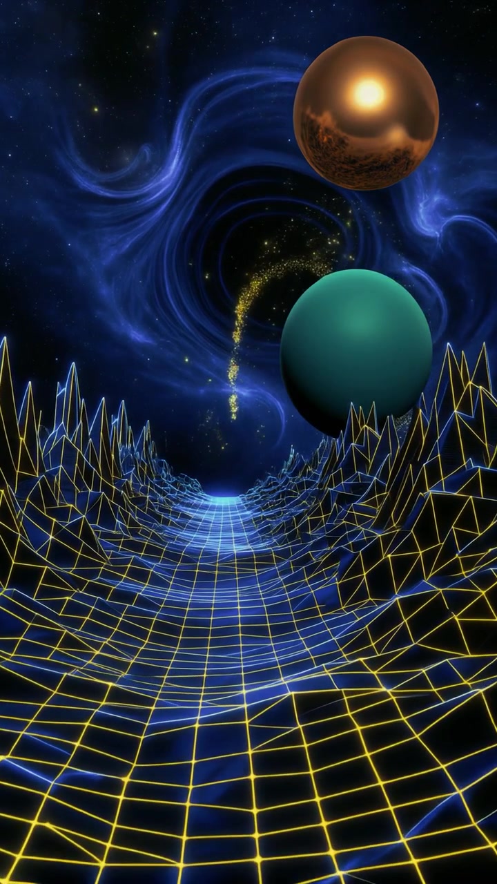 Retro Synthwave Landscape With Floating Planets and Nebula