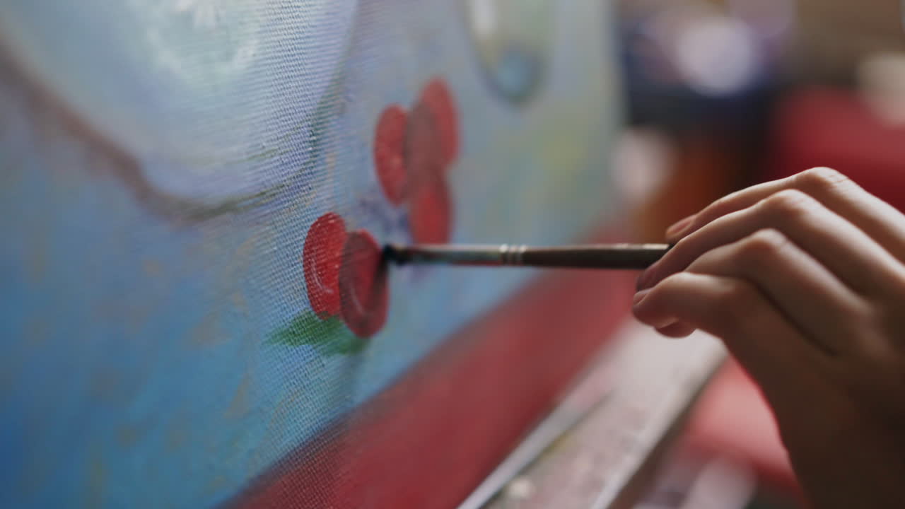 Close-up of an Artist Painting a Still Life