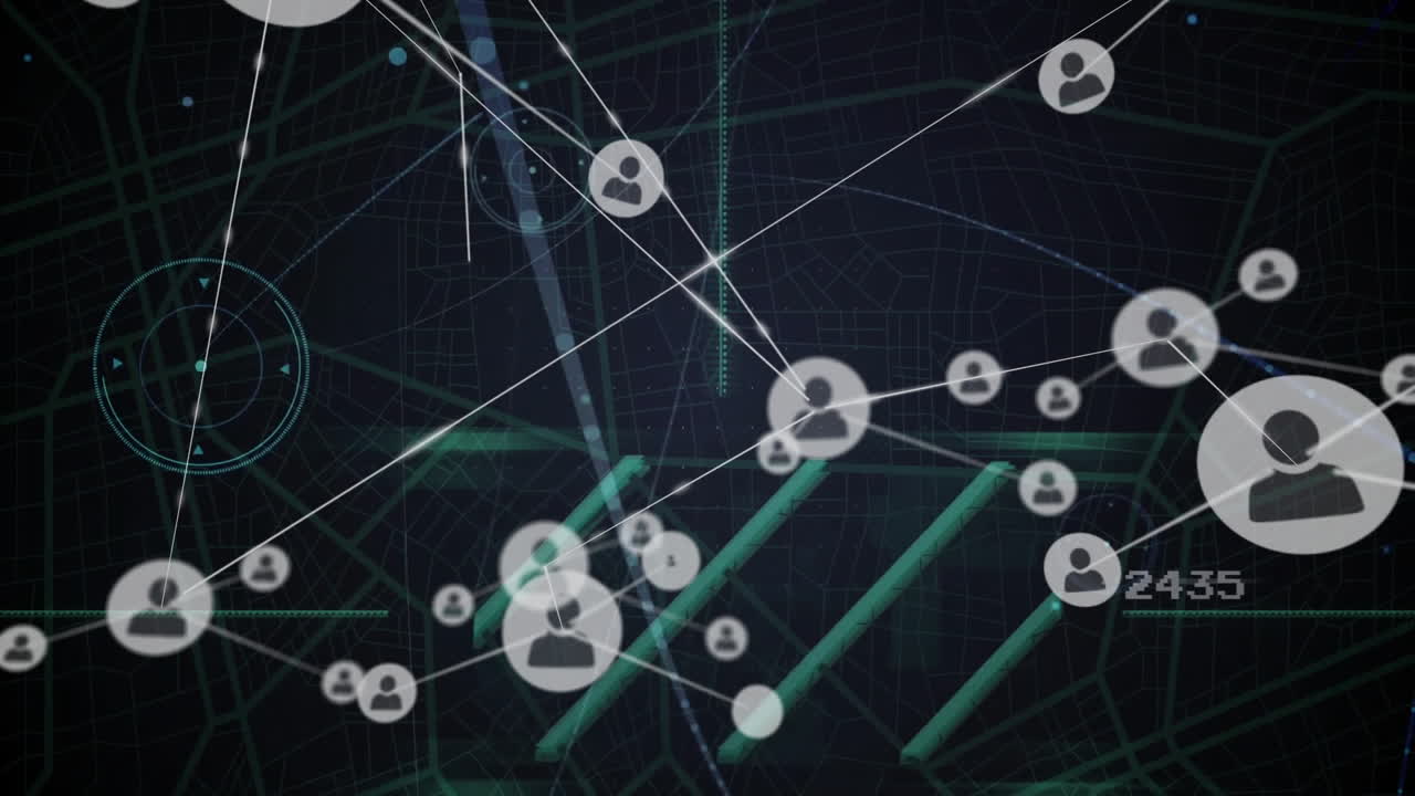 Animation of network of connections with people icons over dark background