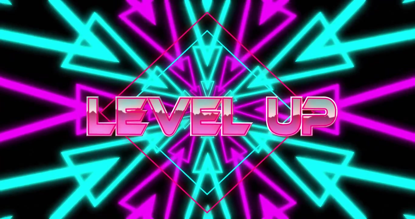 Animazione del testo "level up" e frecce su sfondo nero.