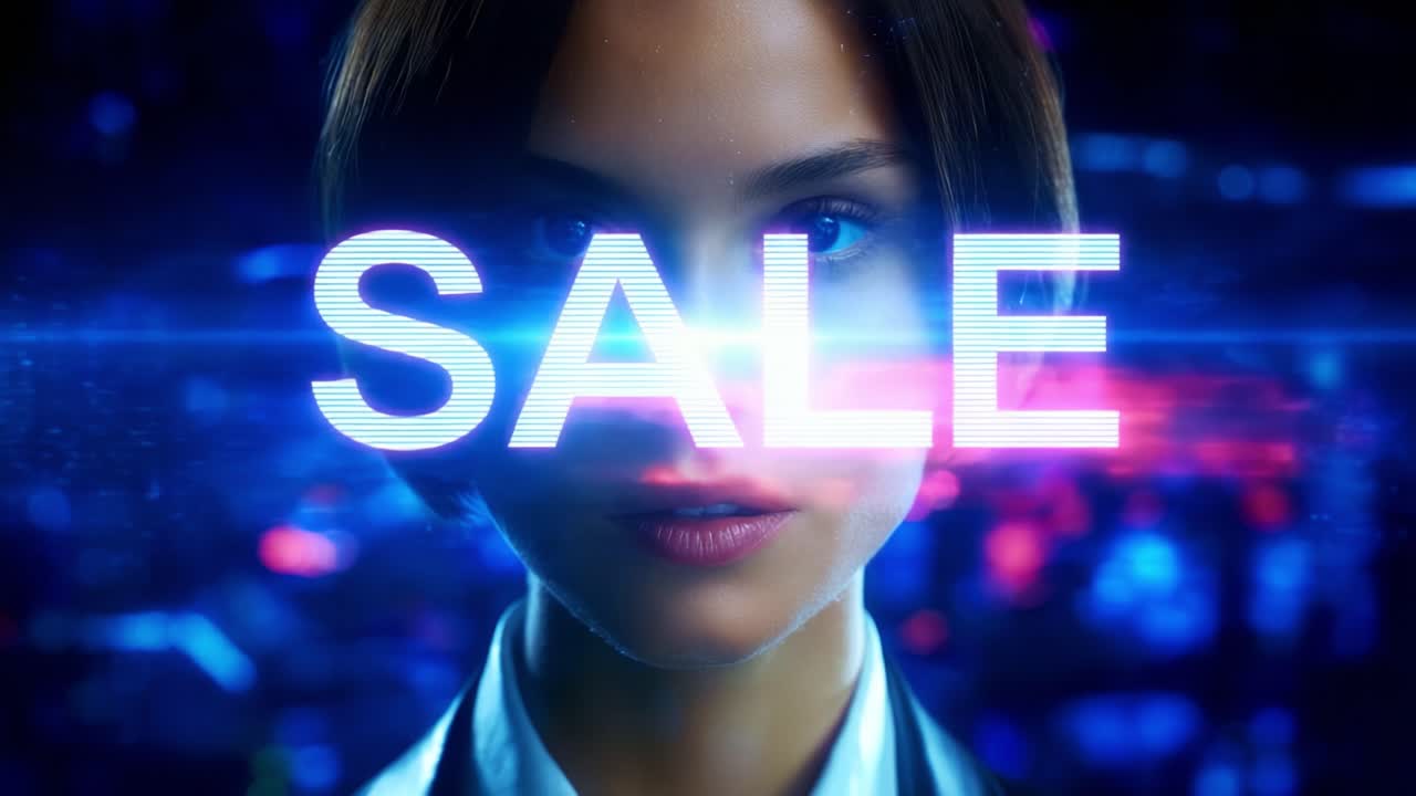 A captivating digital portrait showcasing a confident figure against a vibrant, glitchy background, highlighting an enticing sale with a bold blue neon text, combining modern aesthetics with a captivating allure