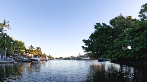 a peaceful boat journey along a lush riverbank