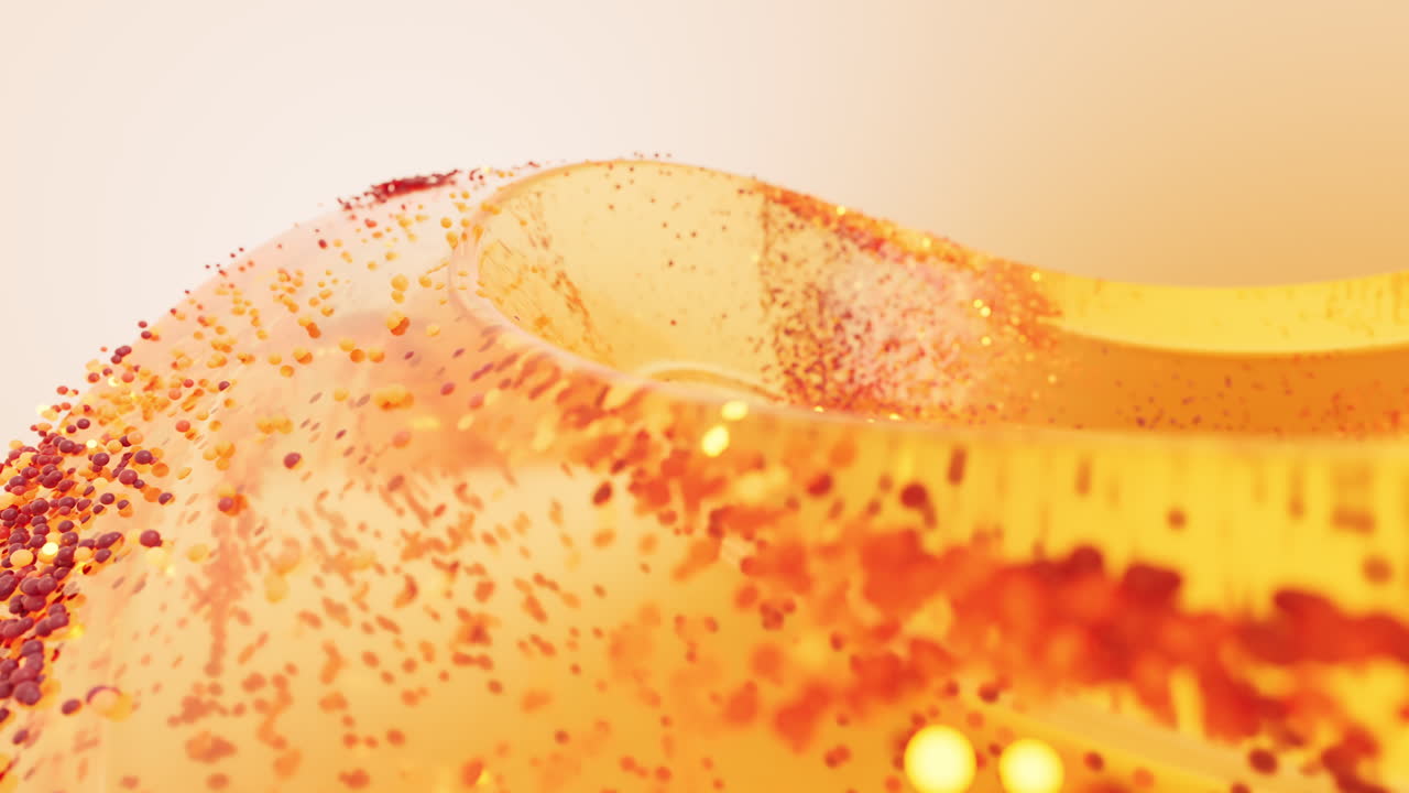 투명한 유리 기하학과 흐르는 입자, 3d 렌더링