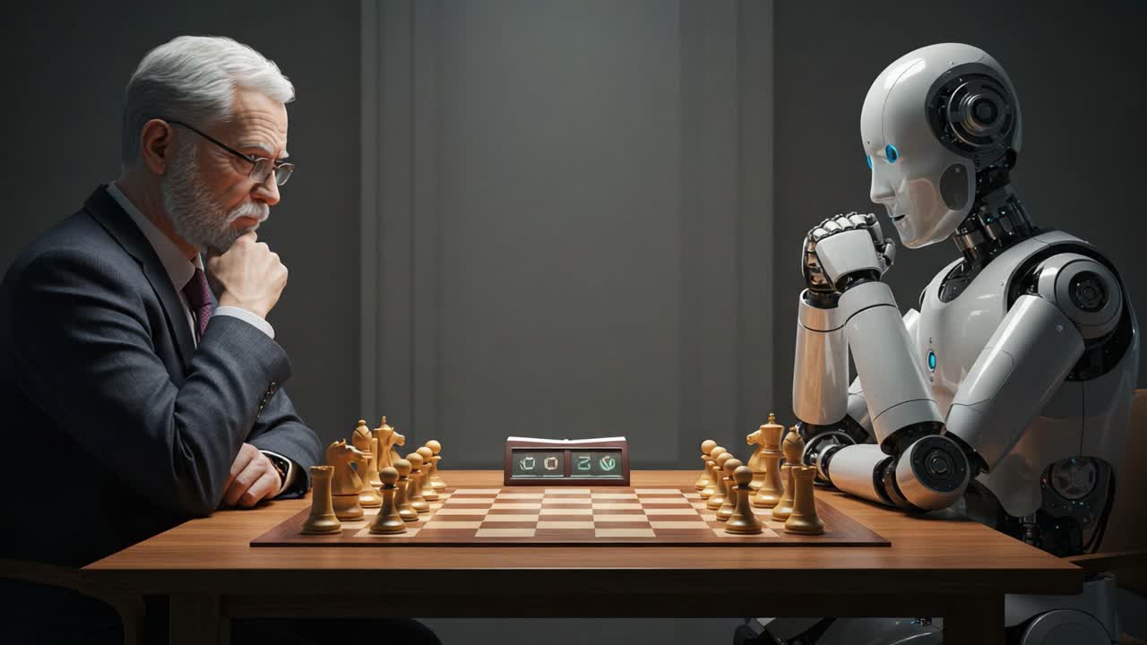 En intellektuell kamp: Et sjakkparti mellom en menneskelig strateg og en sofistikert robotrival som viser skjæringspunktet mellom tradisjon og teknologi.