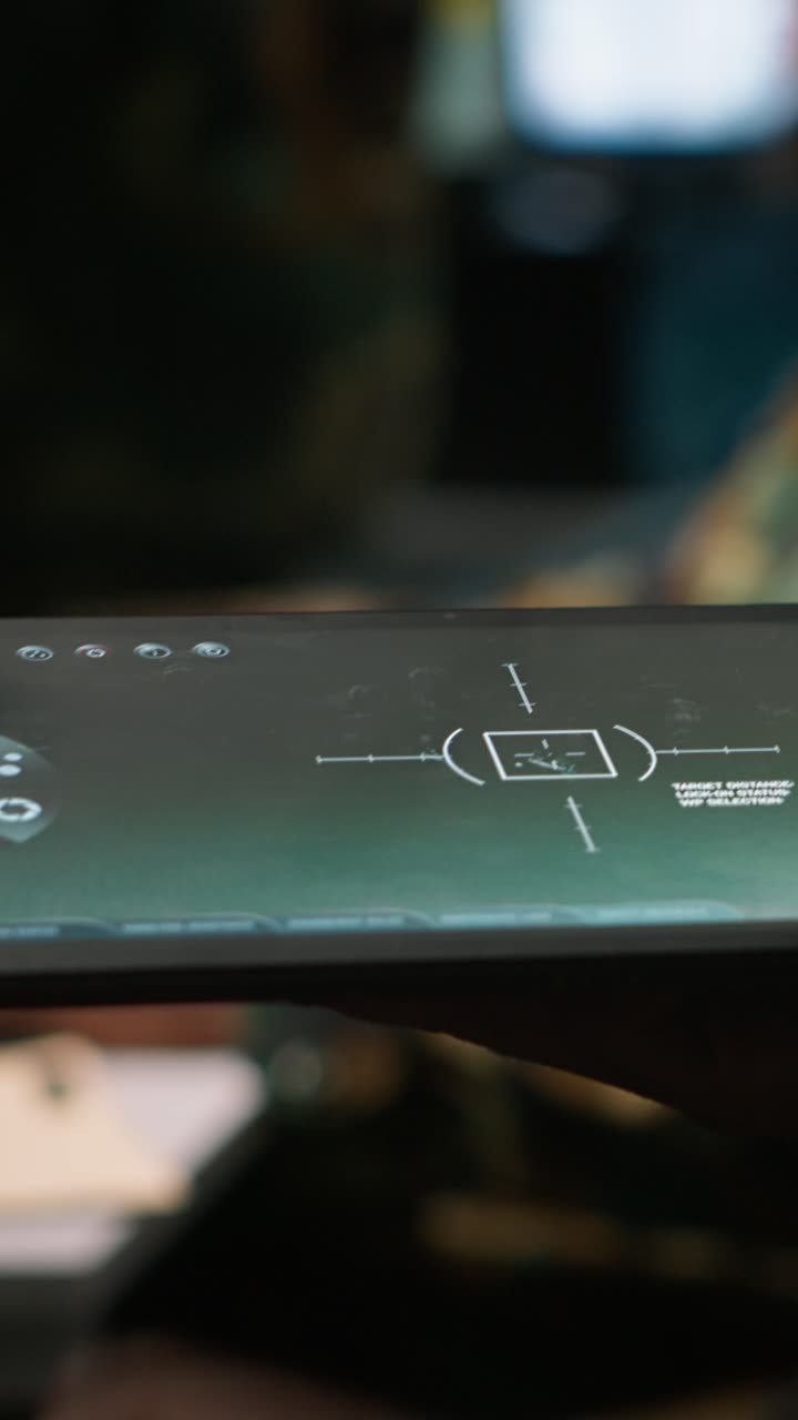 Vertical video Army operative using tablet to intercept ballistic rockets