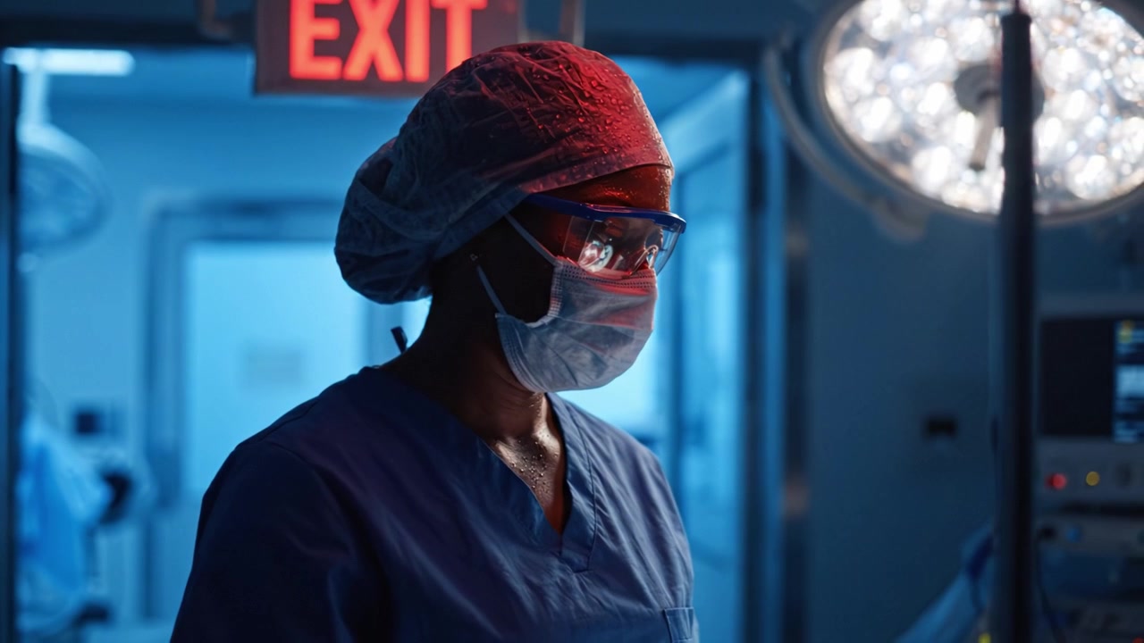 Un professionista medico concentrato in camice, mascherina e occhiali protettivi si trova in una sala operatoria scarsamente illuminata, illuminata da luci chirurgiche e un'insegna di uscita