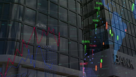 animation of financial data processing over modern bank building