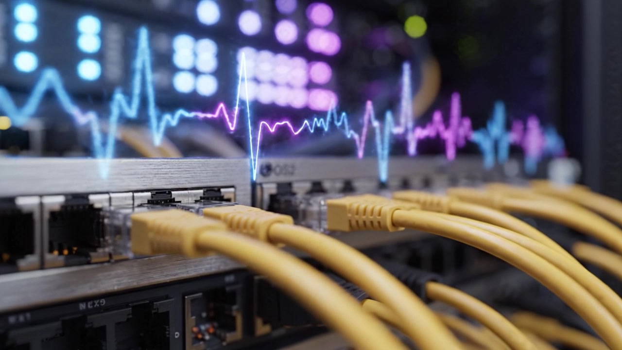 Close-Up of Network Cables and Switches Connected in a Data Center with Visual Waveforms Illustrating Data Transmission and Connectivity Levels and Performance.