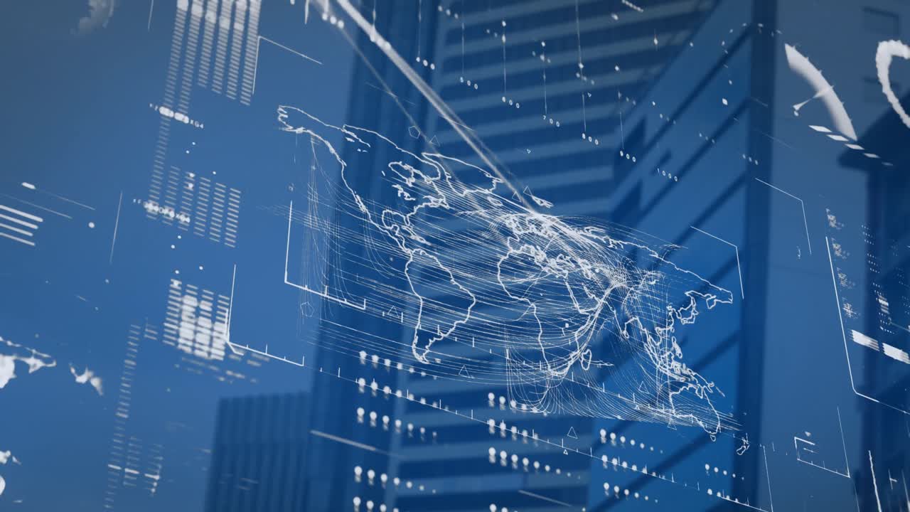 지구, 지도 및 로딩 바의 애니메이션 하늘에 대한 현대 건물의 낮은 각도 뷰