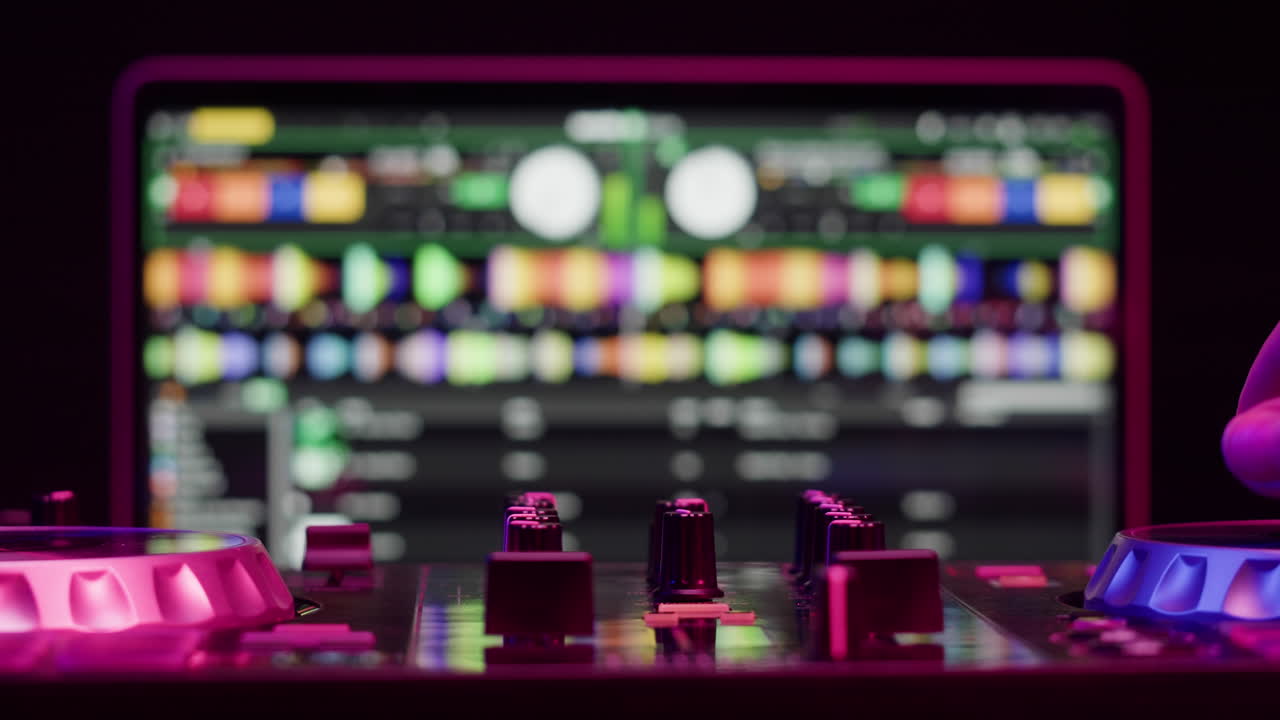 Vibrant DJ Mix Performance Closeup view of hands and equipment during a live music performance, city event, dj set in music techno club