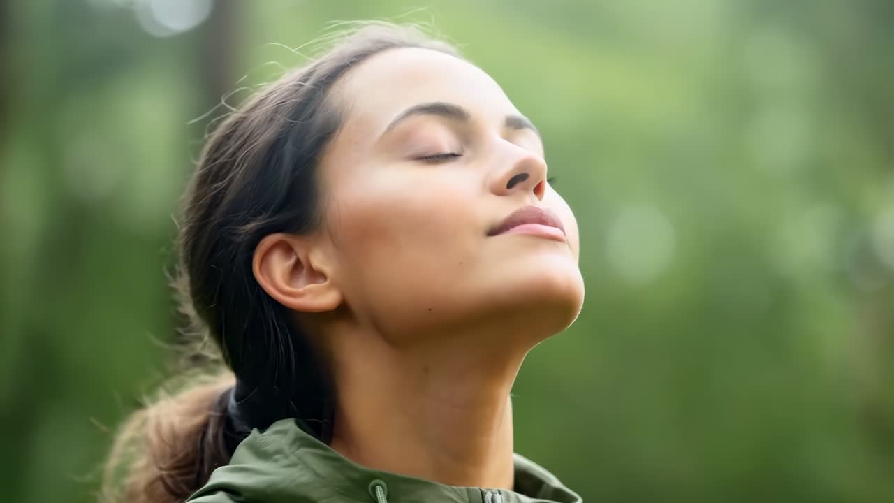 Vídeo em close-up de uma mulher de jaqueta verde, de olhos fechados, curtindo a natureza