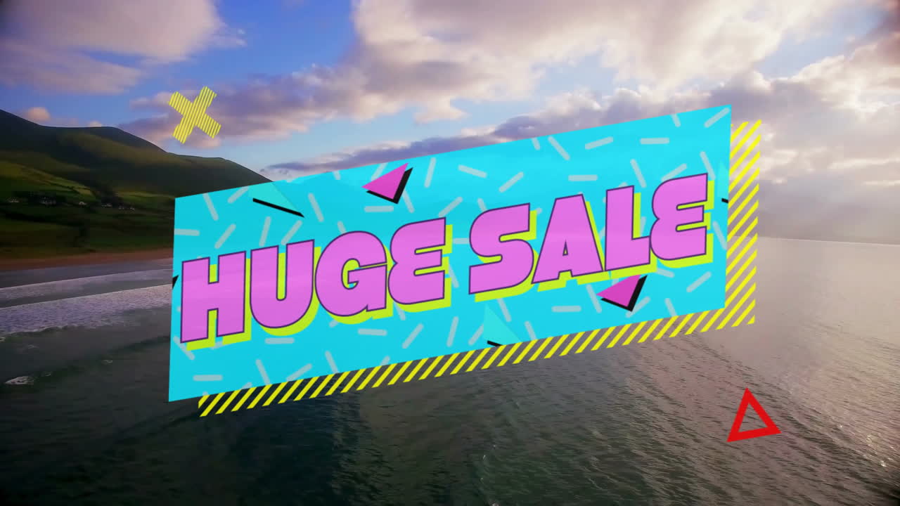 Huge sale text animation over scenic ocean and mountain landscape
