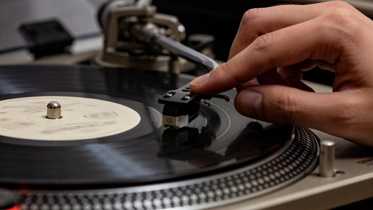 Pyörivä vinyyli, oikea käsi laskee neulan uraan studiosoittimessa toistoa varten.