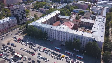 aerial view of a city with a university building