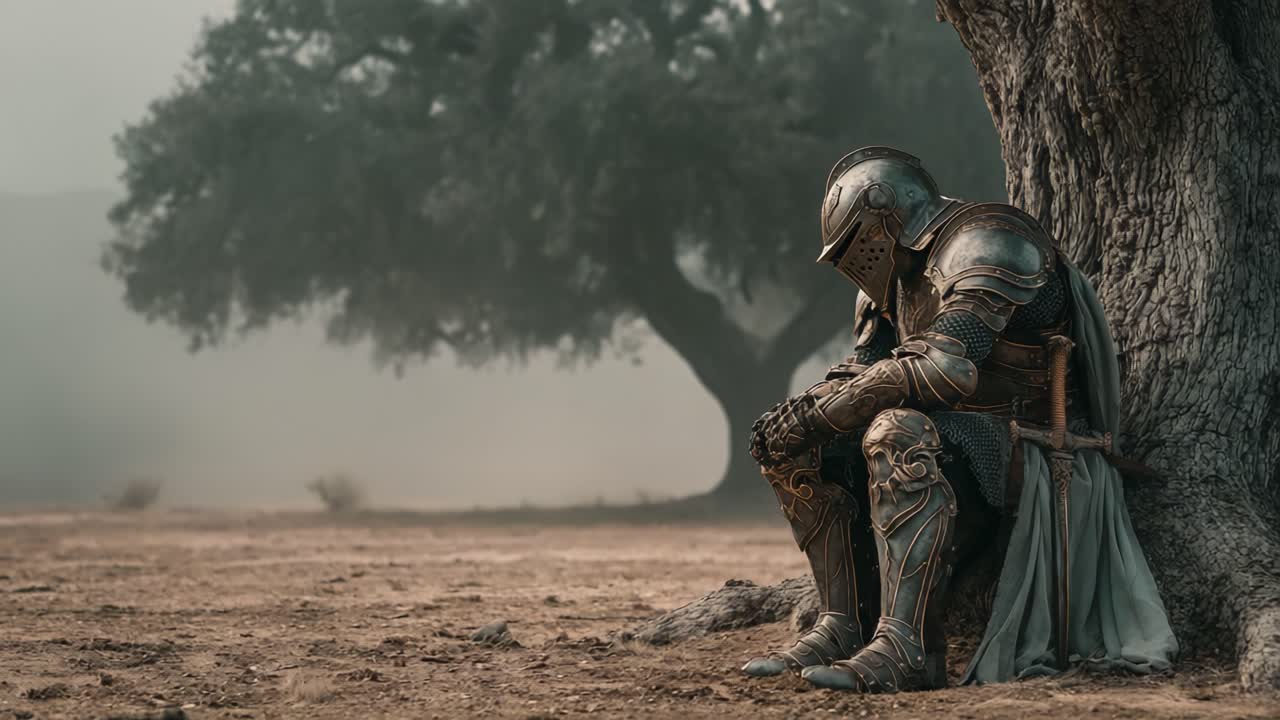 A solitary knight, clad in intricate armor, sits contemplatively ...