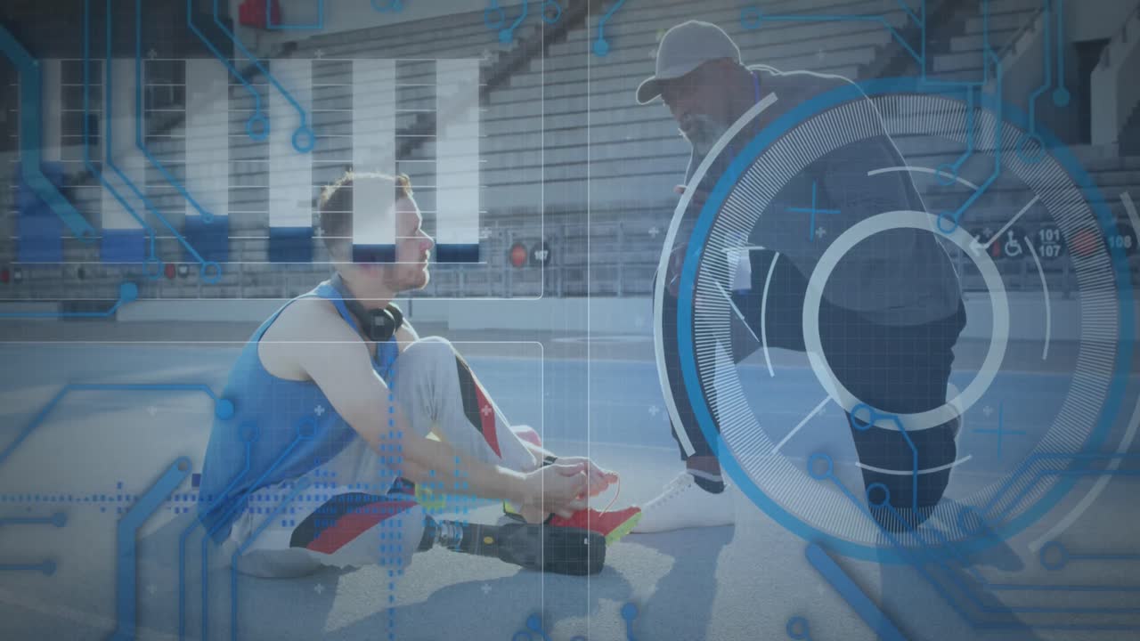 코치와 함께 장애인 백인 스포츠맨에 대한 데이터 처리 애니메이션