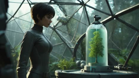 mujer observando un árbol protegido en un invernadero futurista