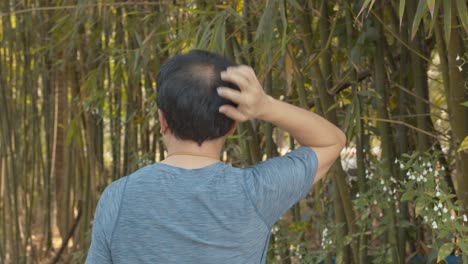 Hombre-Calvo-Caminando-En-Un-Jardín-De-Bambú-No-Puede-Dejar-De-Rascarse-El-Cuero-Cabelludo-Con-Picazón