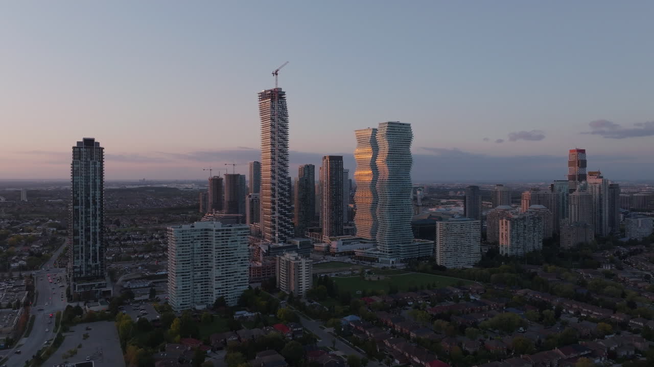 Sunset view of M City Condos in downtown Mississauga skyline