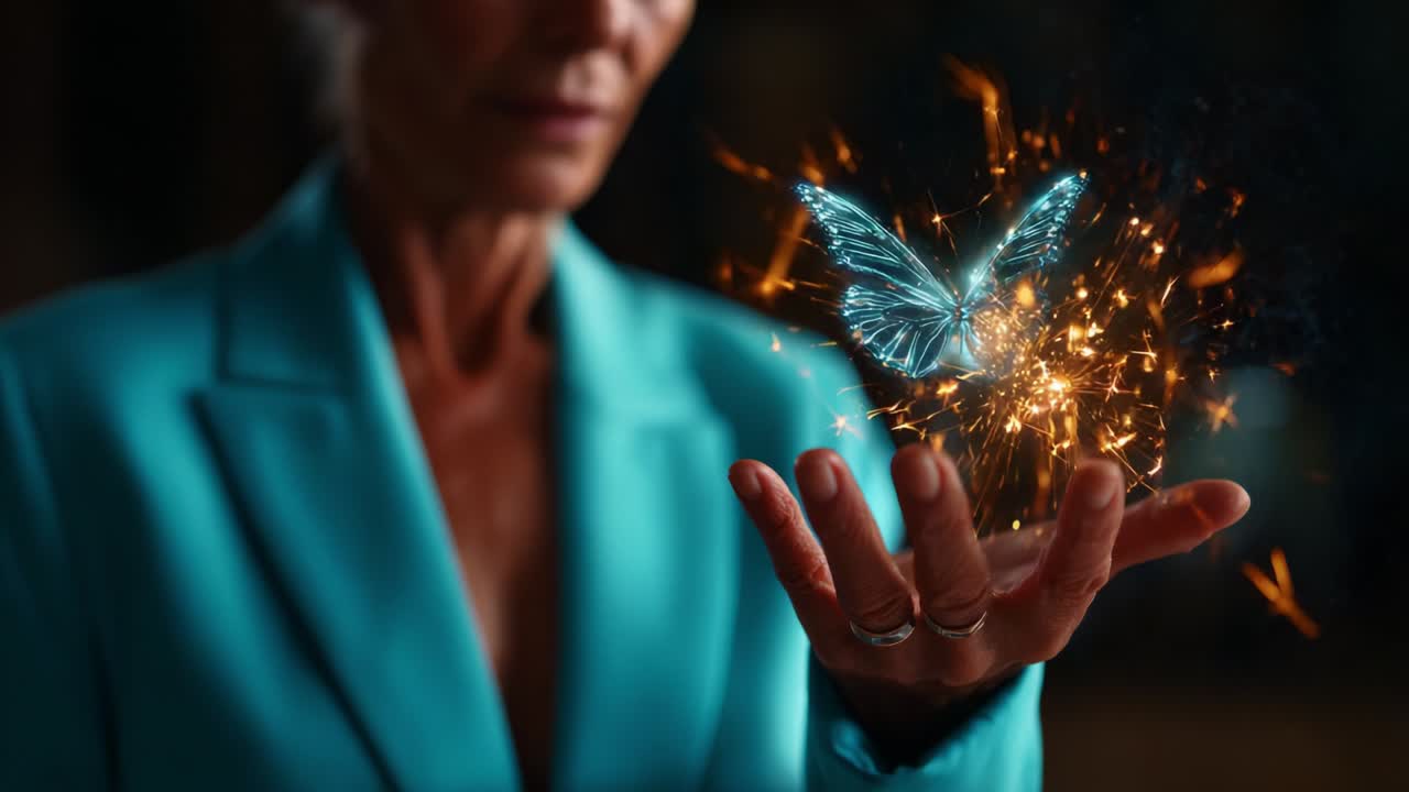 A woman in a vibrant blue jacket gently holds a glowing butterfly made of light and sparks in her hand, symbolizing transformation, magic, and the beauty of fleeting moments in a mesmerizing atmosphere