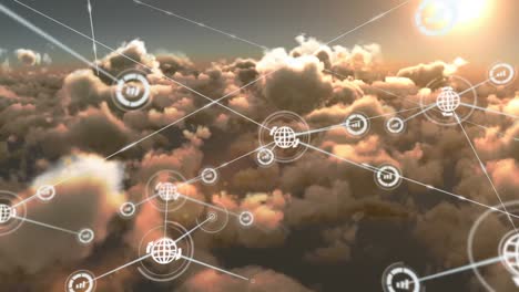 Animation-of-networks-of-connections-with-icons-over-sky