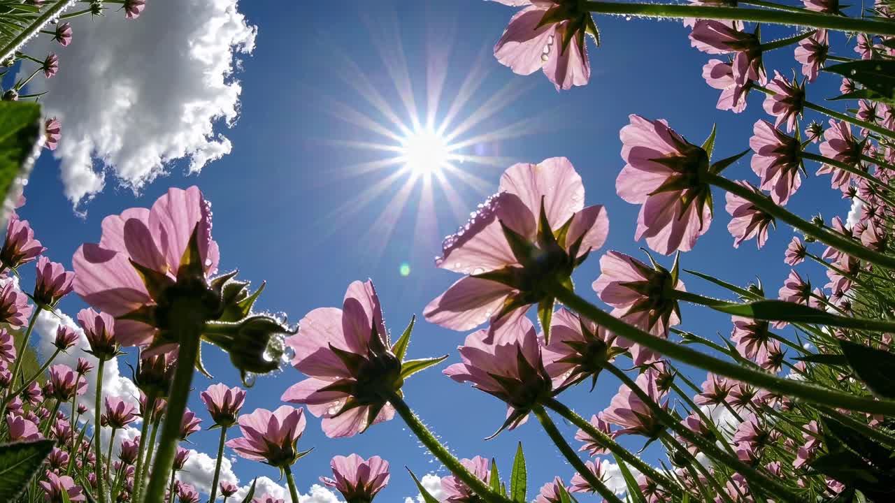 Low-angle shot of pink flowers against a bright sun and blue sky, creating a vibrant