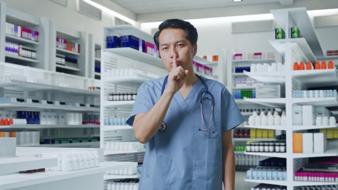 스테토스코프 를 들고 있는 아시아인 남성 의사 가 약국 에 서 있는 동안 침 의 몸짓 을 보여 준다