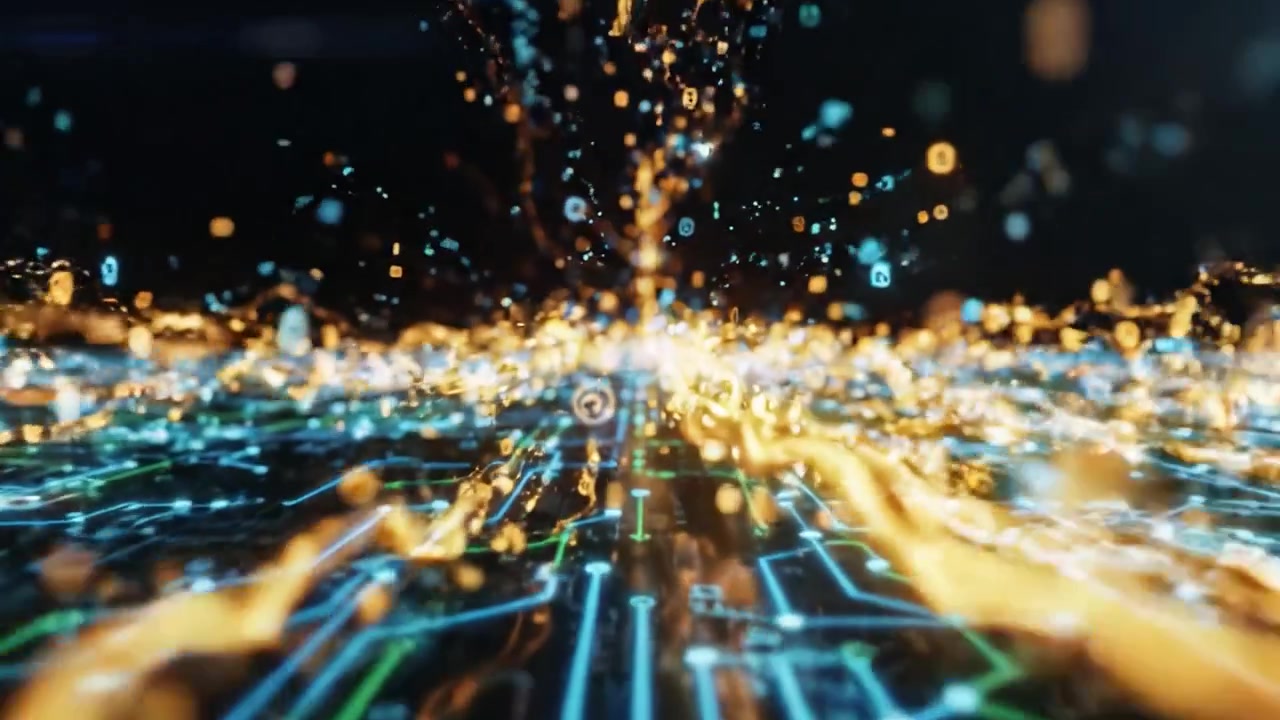 Dynamic Fusion of Digital Data Streams: A Stunning Visual Journey Through a Hypothetical Network of Glowing Circuits and Energetic Particles in an Abstract Space