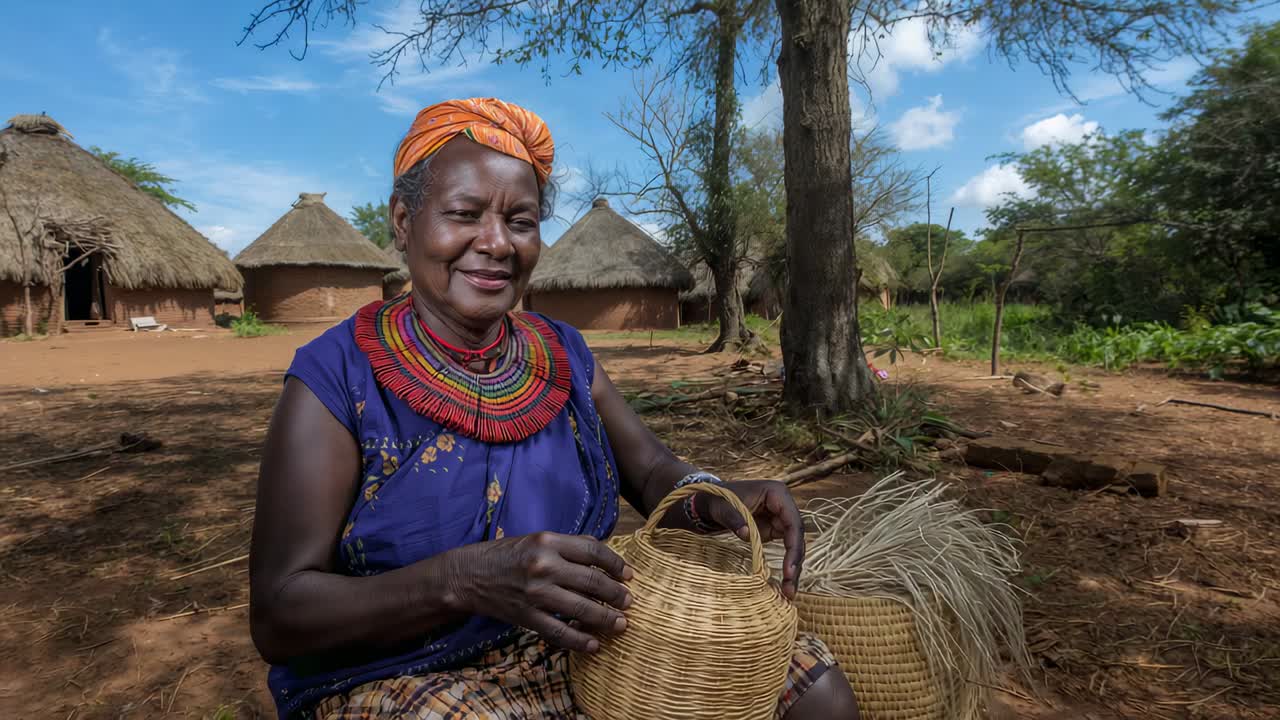 Weaving senior woman with orange scarf and blue dress at village camera moving closer making basket