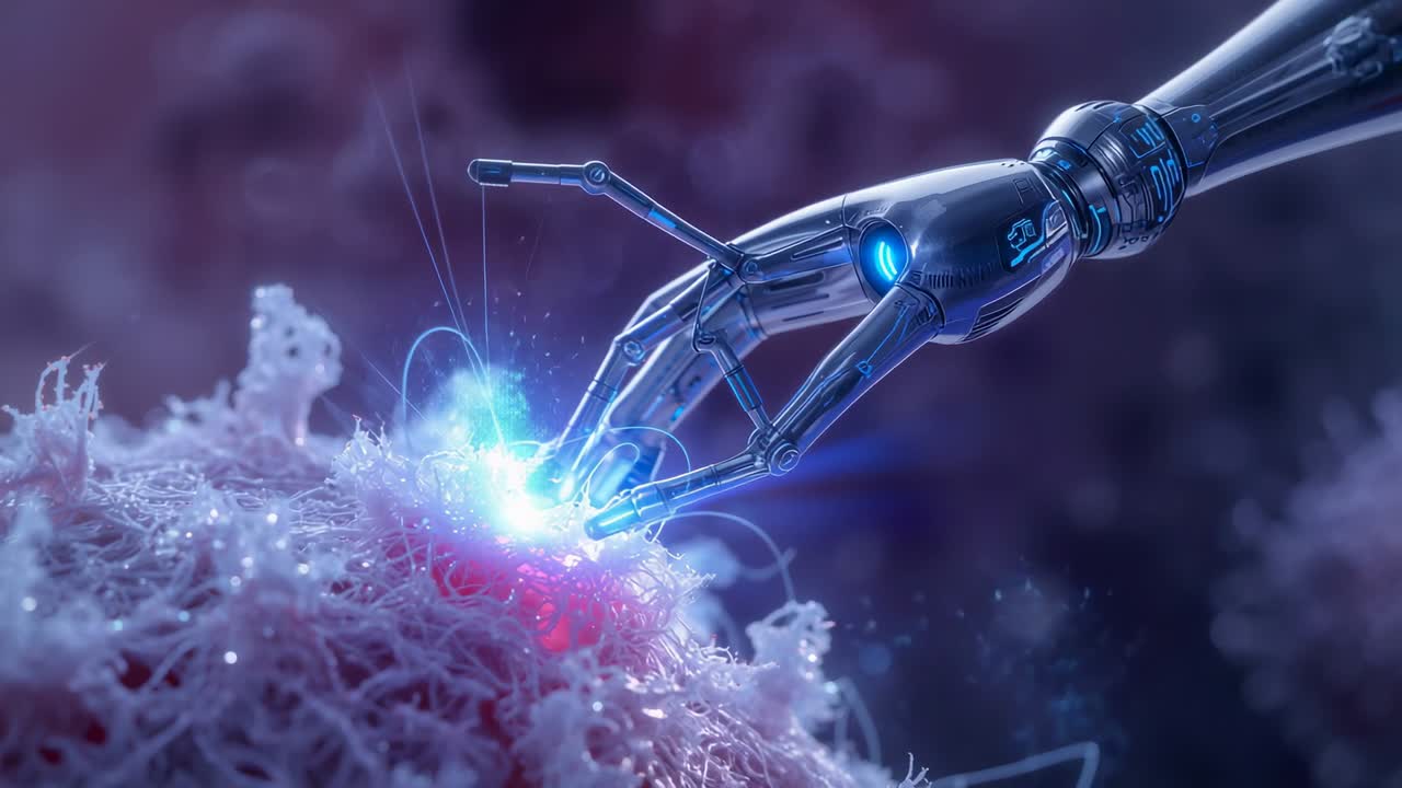 Moving metal gripper making contact with tissue in lab, applying blue plasma altering red core