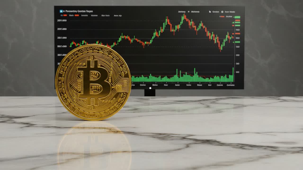 Analyzing Bitcoin Trends: A Golden Cryptocurrency Coin in Focus Against a Digital Market Chart, Illustrating Market Dynamics and Trading Insights