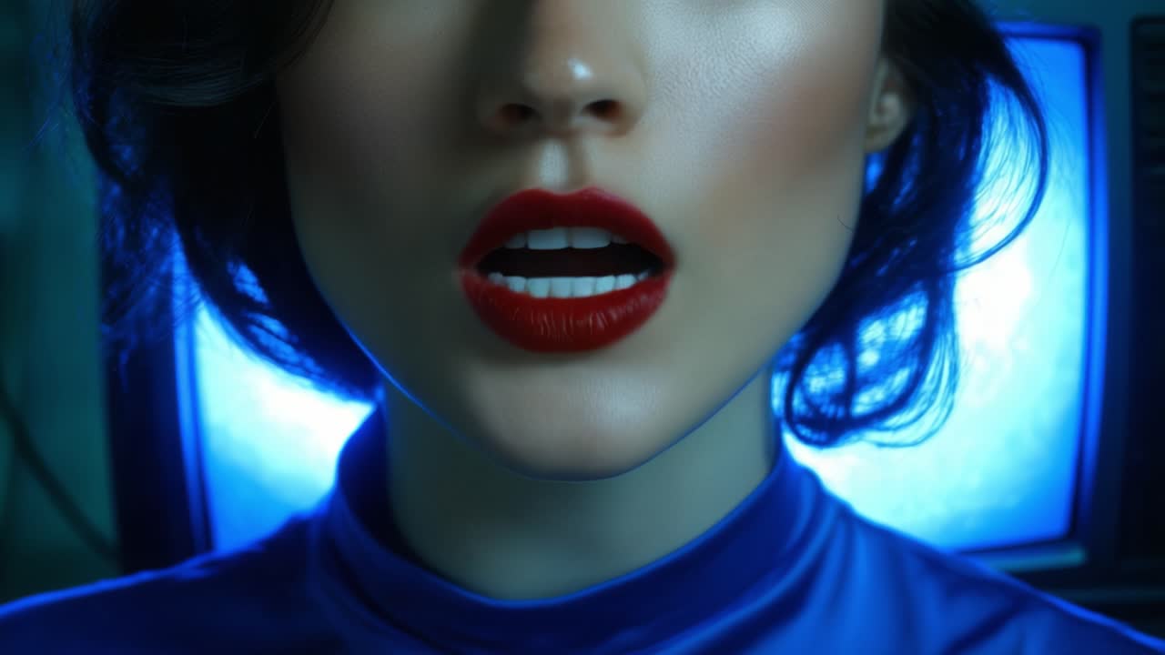 Ritratto accattivante di una donna con labbra rosse audaci, illuminato da uno sfondo blu luminoso, che evoca un senso di mistero e intrigo nella scena.