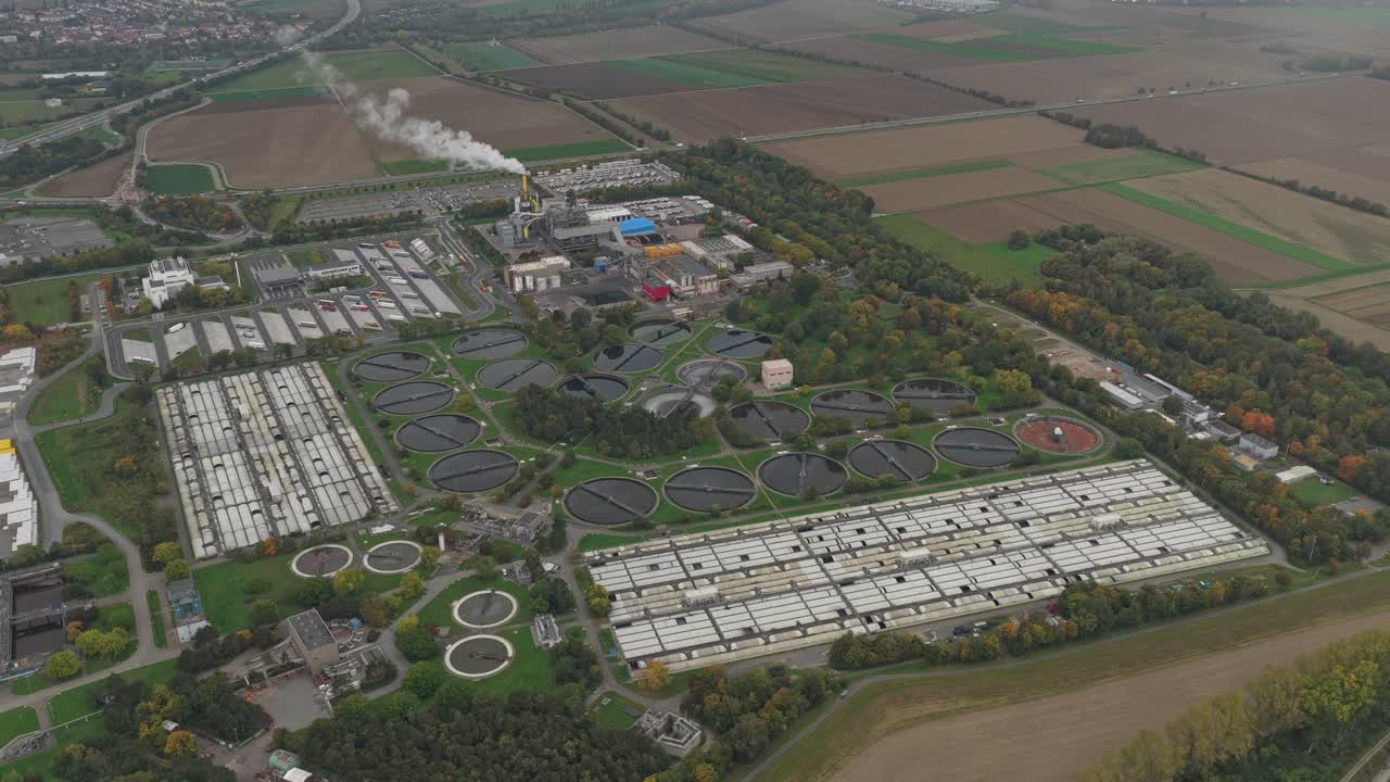 Aerial View of a Large Wastewater Treatment Plant with Industrial Facilities