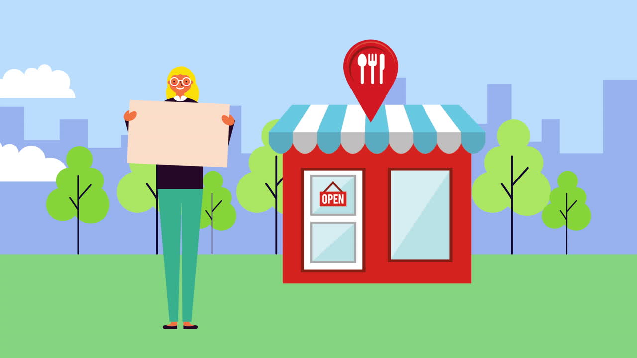 상점 건물 레스토랑을 가진 젊은 사업가