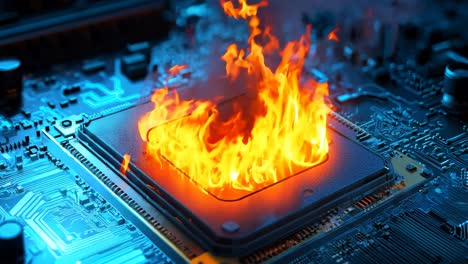 A computer motherboard with a burning cpu on top of it
