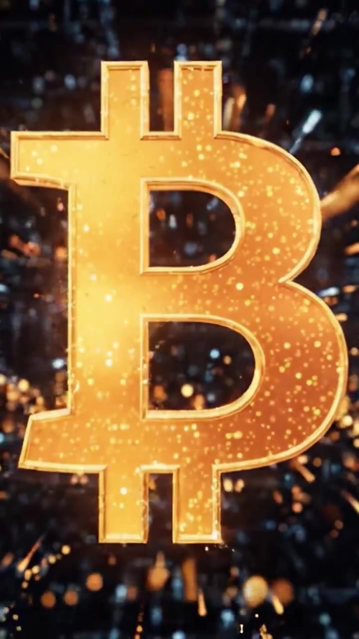 Visualizzazione mozzafiato di un simbolo Bitcoin scintillante circondato da luci sfavillanti, che rappresenta l'innovazione delle criptovalute e la finanza digitale.
