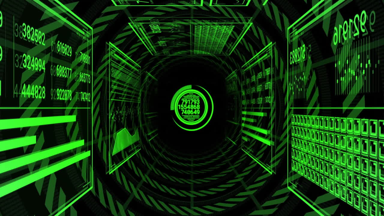 Digital data processing and analysis in green tunnel animation