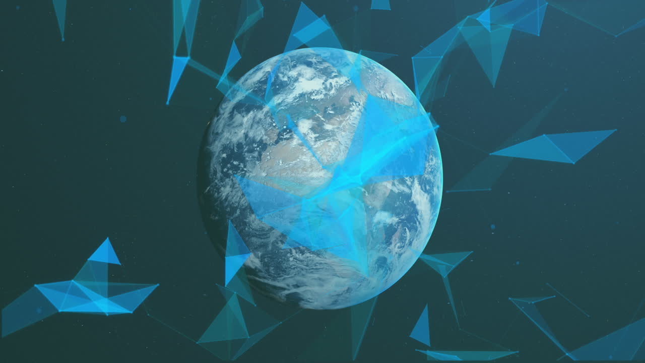 파란색 배경에 회전하는 지구 위에 떠다니는 플렉서스 네트워크의 애니메이션