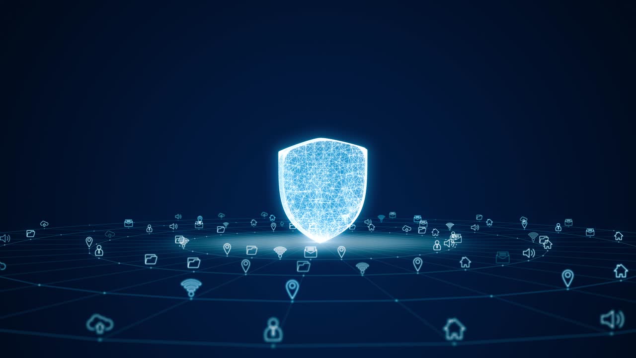 블루 디지털 3d 드 로고의 모션 그래픽과 미래 기술 아이콘, 추상적인 배경 개념의 원 회전과 선 연결