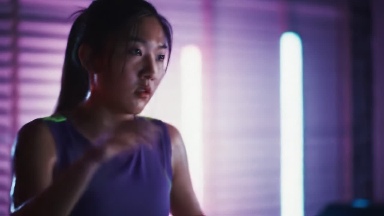 Focused Young Athlete Training Intensely in Modern Gym with Neon Lighting, Showcasing Dedication and Determination in Physical Fitness and Performance Improvement