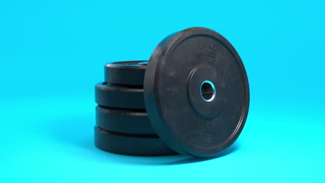 Photorealistic-3D-Animation:-black-weight-plates-stacked-up-against-a-blue-background